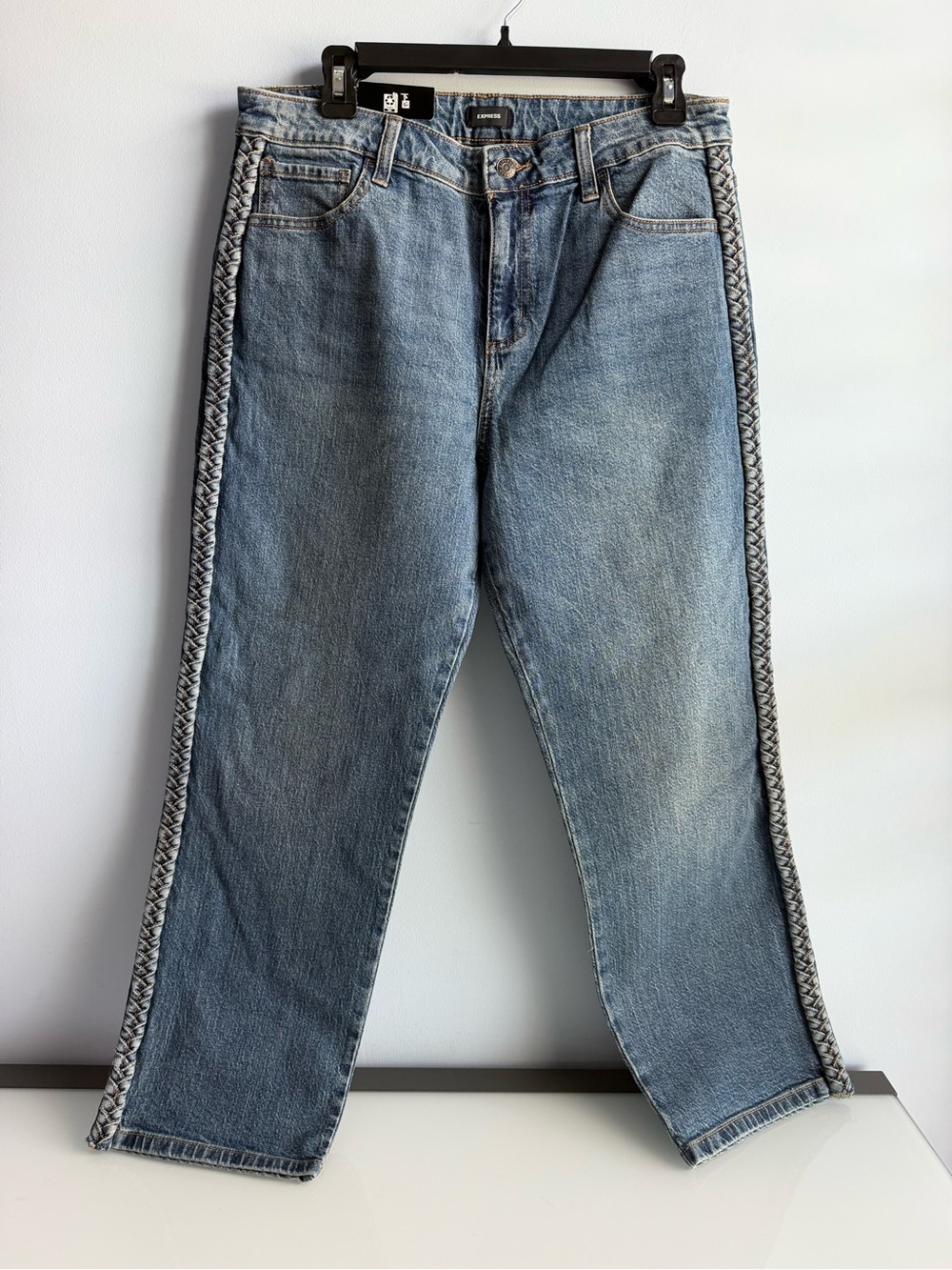 Express Women's Medium Wash Blue Braided Straight Leg Ankle Jean Size 10